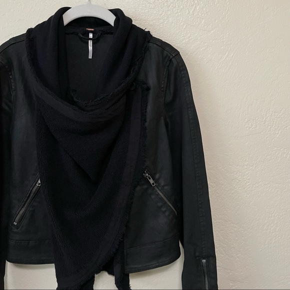 free people Drape Front Coated Moto Jean Jacket in Black Combo - 2 - Picture 8 of 13